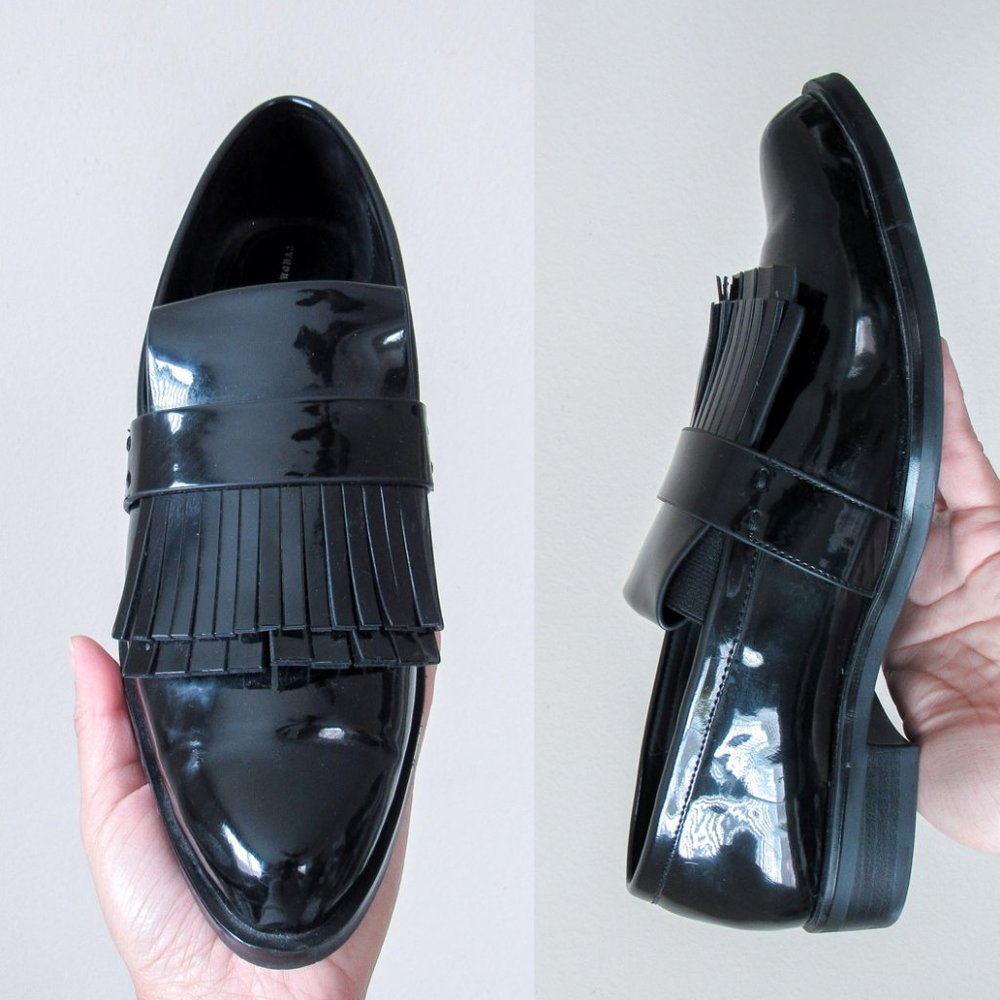 Zara Black Patent Leather Fringe Loafers